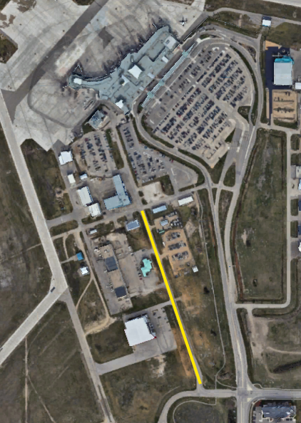 Airport groundside map highlighting Airport Road in yellow